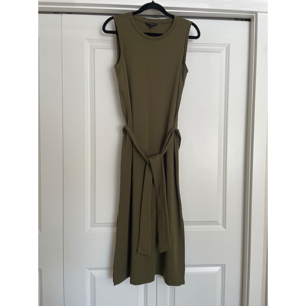 Banana Republic Midi Dress Olive Green Sleeveless Tie Waist Minimalist-Size S